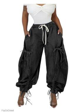 Drawstring Ankle Tie Y2K Cargo Parachute Jeans Baggy High Waisted